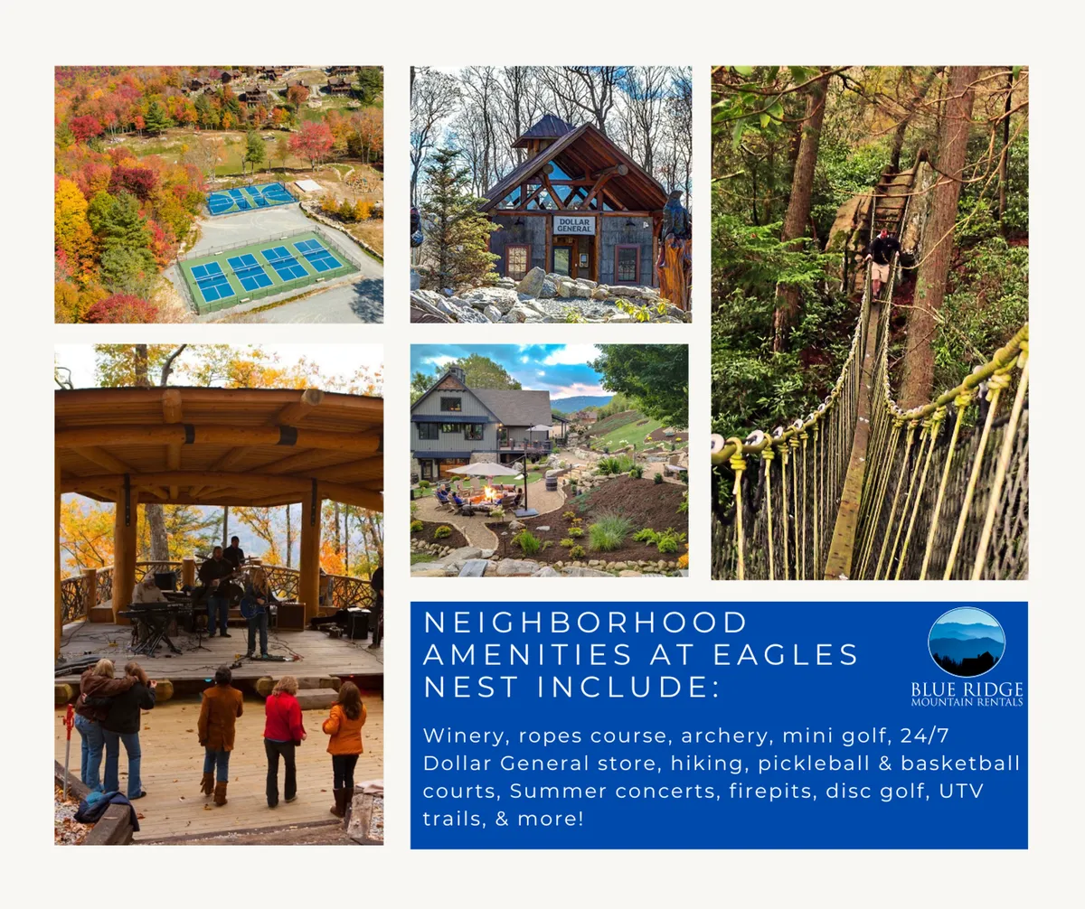 A vibrant exterior scene featuring the Eagles Nest community amenities: a ropes course, mini golf area, concert stage, wooden deck, and a luxury mountain cabin set against a backdrop of lush landscape. People are seen hiking, playing mini golf, and gathering around fire pits, with the golden hues of sunset creating a joyful, communal mood.